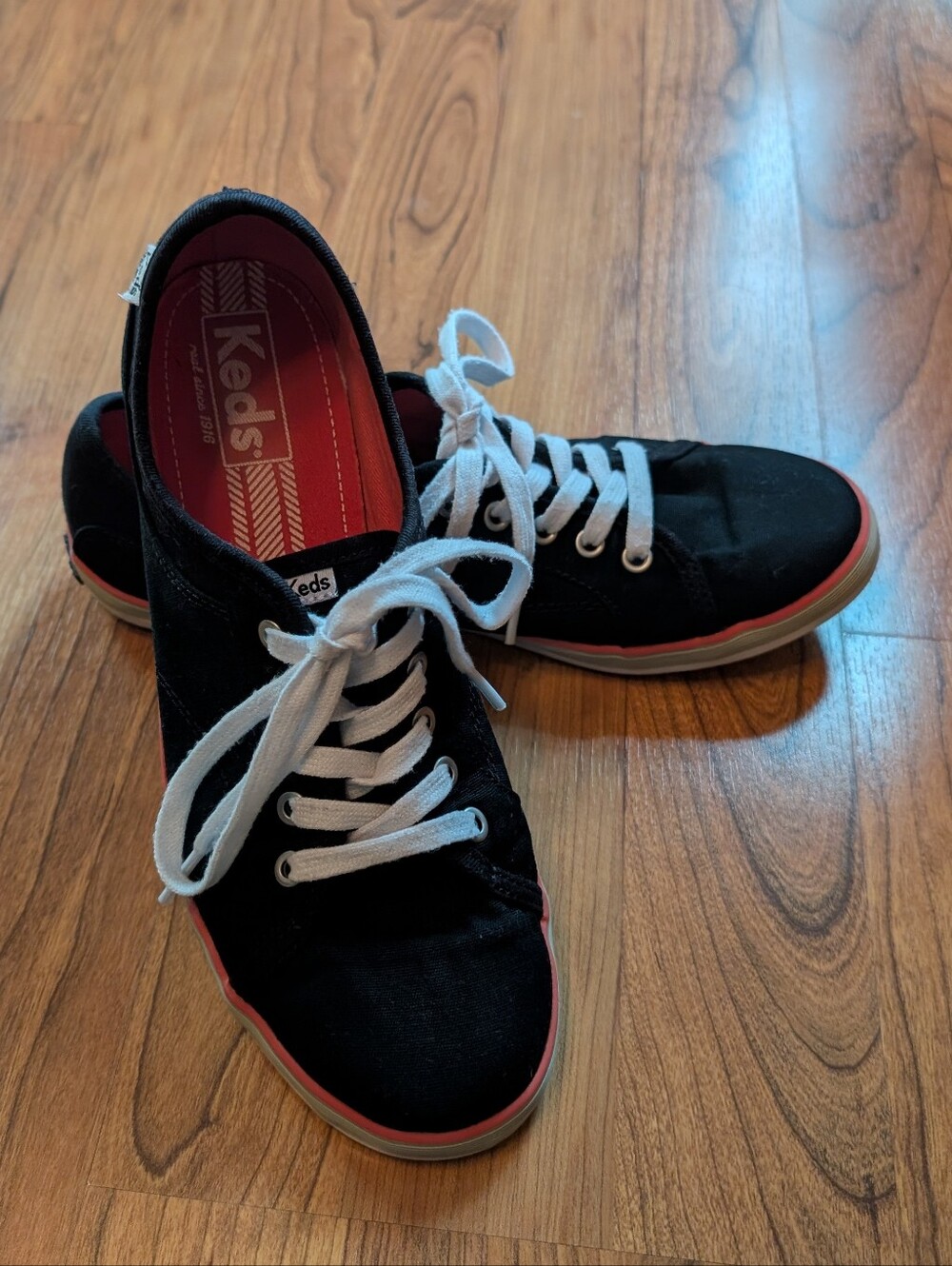 Women's Keds Black Canvas Sneakers with Pink Trim, Size 7.5